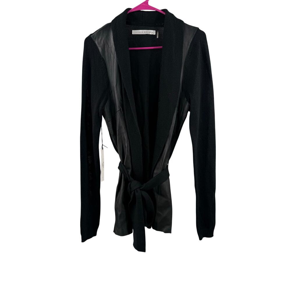 Susana Monaco Cardigan SZ Large Merino Wool Lamb Leather Knit Blk Belt Open NWT